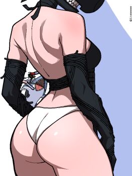 1girl 2boys alternate_form apron ass ass_focus beam_(chainsaw_man) black_apron black_gloves bomb_devil_(chainsaw_man) breasts chainsaw chainsaw_man denji_(chainsaw_man) elbow_gloves gloves ji_heeeeeee multiple_boys panties shark small_breasts teeth underwear white_panties