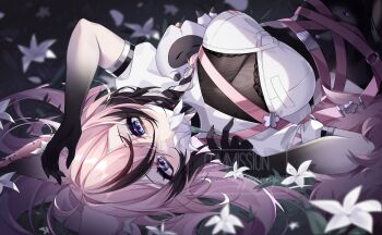 1girl absurdres animal_ears black_hair black_skirt blue_eyes breasts colored_extremities commission drawinggranny earrings flower fox_ears fox_girl high-waist_skirt highres holding holding_flower indie_virtual_youtuber jewelry multicolored_hair pink_hair sachi_mizora_(vtuber) see-through_cleavage see-through_clothes skirt streaked_hair twitter_username virtual_youtuber watermark white_flower