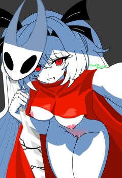 1girl breasts cosplay flowire_raister hair_between_eyes headband highres hollow_knight hollow_knight:_silksong hornet_(hollow_knight) hornet_(hollow_knight)_(cosplay) hourglass lilith_(the_noexistencen_of_you_and_me) mask md5_mismatch nipples no_bra no_panties red_eyes resolution_mismatch source_larger sword the_noexistencen_of_you_and_me weapon white_hair