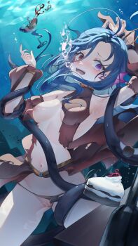 1girl absurdres air_bubble armpits blue_hair blush breasts bubble cake cake_slice character_request commentary_request commission cowboy_shot cup drinking_glass food heterochromia highres indie_virtual_youtuber long_hair miku_rasha navel nipples open_mouth purple_eyes pussy red_eyes restrained small_breasts solo tentacles torn_clothes underwater virtual_youtuber wine_glass