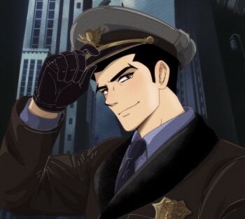 1boy black_eyes black_gloves black_hair black_necktie blue_shirt brown_coat building closed_mouth coat collared_shirt gloves hat highres lamppost long_sleeves looking_at_viewer male_focus mature_male megadeus_mommy military_hat necktie outdoors peaked_cap police_badge roger_smith shirt sideburns skyscraper solo the_big_o v-shaped_eyebrows