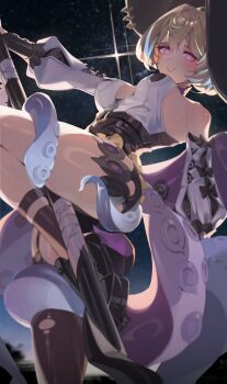 1girl absurdres blonde_hair breasts detached_sleeves glowing glowing_eyes glowing_hair grin gyo_gyo_0 hat highres large_breasts looking_at_viewer mole mole_under_mouth monster_girl night night_sky purple_eyes ringed_eyes scylla short_hair single_thighhigh sky smile solo star_(sky) starry_sky suction_cups thighhighs thighs twilight witch_hat yidhari_murphy zenless_zone_zero