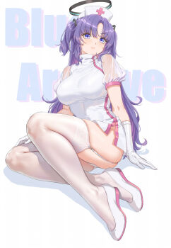 1girl alternate_costume black_halo blue_archive blush breasts closed_mouth commentary_request copyright_name cross dress elbow_gloves fangxiang_cuoluan garter_straps gloves hair_ornament halo hat highres large_breasts long_hair looking_at_viewer mechanical_halo nurse nurse_cap panties pantyshot puffy_short_sleeves puffy_sleeves purple_eyes purple_hair see-through_clothes see-through_sleeves shadow shoes short_sleeves sitting skindentation solo text_background thighhighs triangle_hair_ornament two_side_up underwear very_long_hair white_background white_dress white_gloves white_hat white_panties white_shoes white_thighhighs yokozuwari yuuka_(blue_archive)