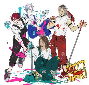4boys alternate_costume black_overalls blue_hair blue_overalls brown_hair bucket clothes_around_waist crimzon_ruze d0gpeace dark-skinned_male dark_skin english_text full_body gloves goldbullet green_overalls hair_ornament hairclip highres holding holding_behind_back holding_bucket holding_mop holding_paintbrush holding_spray_can holoarmis holostars holostars_english jurard_t_rexford knee_up looking_to_the_side male_focus milestone_celebration mop multiple_boys octavio on_one_knee one_eye_closed overalls paint paint_on_body paint_on_clothes paint_on_fingers paint_splatter paintbrush pointy_ears red_hair red_overalls sharp_teeth shirt shoes sleeves_rolled_up sneakers spray_can spray_paint teeth virtual_youtuber white_background white_shirt