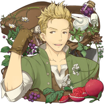 1boy alfyn_greengrass axe bag blonde_hair brown_bag brown_eyes brown_gloves brown_vest clenched_hand collarbone commentary_request flower flower_request food fruit gloves grapes green_jacket jacket jar looking_to_the_side male_focus mortar_(bowl) octopath_traveler octopath_traveler_i open_mouth pestle plant pomegranate ponytail shikimiorange shirt short_ponytail shoulder_bag sleeveless sleeveless_jacket sleeves_rolled_up solo spiked_hair upper_body vest white_background white_flower white_shirt