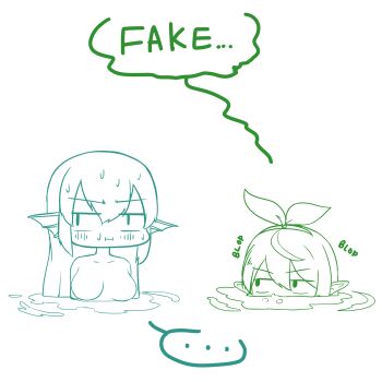 Rule 34 | ..., 2girls, :i, absurdres, averting eyes, bathing, big head, blowing bubbles, blush, breast envy, breasts, deformed, english text, finana ryugu, fins, fish girl, hair ribbon, head fins, highres, lineart, long hair, looking at another, medium breasts, mouth submerged, mouth under water, multiple girls, nervous, nervous sweating, nijisanji, nijisanji en, no nipples, nude, partially submerged, pointy ears, pomu rainpuff, ribbon, ripples, simple background, sound effects, speech bubble, spoken ellipsis, sweat, thought bubble, virtual youtuber, water, wet, white background, yarashi thought