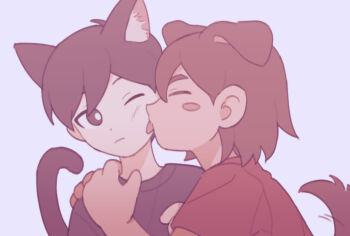 Rule 34 | 2boys, ;(, aged down, ahoge, animal ear fluff, animal ears, black eyes, black hair, black shirt, black tail, blush stickers, bright pupils, brown hair, brown tail, bskrf vc, cat boy, cat ears, cat tail, chinese commentary, closed mouth, commentary request, dark-skinned male, dark skin, dog boy, dog ears, dog tail, fewer digits, grey background, hair behind ear, hair between eyes, hand up, hands on another's shoulder, hands up, kel (faraway) (omori), kel (omori), kemonomimi mode, licking, licking another's cheek, licking another's face, light frown, looking at another, multiple boys, omori, one eye closed, profile, red shirt, shirt, short hair, simple background, sunny (omori), t-shirt, tail, very short hair, white pupils
