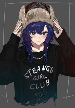 Rule 34 | 1girl, adjusting clothes, adjusting headwear, black sweater, blue eyes, blue hair, blush, brown hat, closed mouth, clothes writing, cropped torso, green nails, grey background, hat, highres, isshiki (ffmania7), jewelry, kamitsubaki studio, medium hair, multicolored hair, nail polish, necklace, red hair, rim (kamitsubaki studio), signature, smile, solo, streaked hair, sweater, two-tone hair, virtual youtuber, yellow pupils