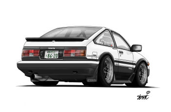 absurdres blue_archive car doodle_sensei_(blue_archive) highres motor_vehicle no_humans sensei_(blue_archive) shadow signature simple_background tomimon toyota toyota_sprinter_trueno vehicle_focus white_background