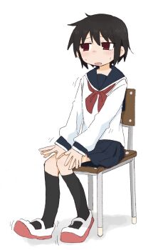 Rule 34 | 1girl, averting eyes, black hair, black socks, blue sailor collar, blue skirt, blush, chair, embarrassed, female focus, flat chest, full body, have to pee, kneehighs, knees together feet apart, large variant set, long sleeves, looking to the side, miniskirt, motion lines, neckerchief, nervous, nose blush, on chair, open mouth, original, pleated skirt, ponnu (tnpn2yw), raised eyebrows, red eyes, red neckerchief, red shoes, sailor collar, school chair, school uniform, serafuku, shirt, shoes, short hair, sidelocks, sideways glance, sitting, skirt, socks, solo, sweat, variant set, white shirt