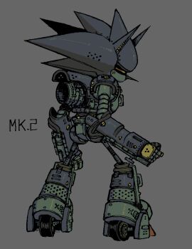 Rule 34 | 1boy, clenched hands, english text, from behind, grey background, highres, humanoid robot, male focus, mecha sonic mkii, robot, simple background, solo, sonic &amp; knuckles, sonic (series), sonic the hedgehog (classic), submarinechamomile, wheel