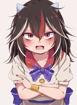 1girl blush bow bowtie brown_hair collarbone commentary_request cone_horns dress grey_horns highres horns kijin_seija looking_at_viewer multicolored_hair open_mouth puffy_short_sleeves puffy_sleeves purple_bow purple_bowtie red_eyes red_hair red_nails short_sleeves siw0n small_horns solo streaked_hair sweat textless_version touhou white_dress white_hair