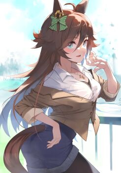absurdres ahoge animal_ears belt bow breasts brown_belt brown_hair brown_jacket cleavage cutoffs denim denim_shorts ear_bow ear_ornament green_eyes hair_between_eyes hair_ornament hairclip highres horse_ears horse_girl horse_tail jacket jewelry long_hair mr._c.b._(casual)_(umamusume) mr._c.b._(umamusume) necklace open_mouth pendant shiroxillust shirt shorts smile tail umamusume white_shirt