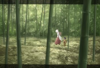 2girls armband bamboo bamboo_forest black_hair blurry bob_cut bow brown_kimono casket child cigarette collared_shirt day depth_of_field forest from_side fujiwara_no_mokou full_body hair_bow hair_ribbon hand_in_pocket hand_up japanese_clothes kimono long_hair long_skirt long_sleeves mouth_hold multiple_girls nagi_(xx001122) nature outdoors ribbon shirt skirt smoking solo suspender_skirt suspenders touhou very_long_hair walking white_hair