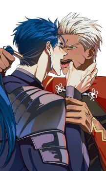 2boys absurdres archer_(fate) archer_(third_ascension)_(fate) armor blue_hair blush cu_chulainn_(fate) cu_chulainn_(lancer)_(fate) cu_chulainn_(third_ascension)_(fate) dark-skinned_male dark_skin fate/grand_order fate_(series) finger_in_another&#039;s_mouth french_kiss grabbing_another&#039;s_hair grey_eyes hair_tubes highres holding_another&#039;s_hair kiss long_hair male_focus maysy633 multiple_boys open_mouth pauldrons red_eyes short_hair shoulder_armor simple_background single_hair_tube tongue tongue_out upper_body veins white_background white_hair yaoi