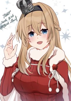 1girl 9610_(kuroto) black_hairband blonde_hair blue_eyes blush braid breasts capelet commentary_request crown dated dress fur-trimmed_capelet fur-trimmed_sweater fur_trim hair_between_eyes hairband half_up_braid highres kantai_collection large_breasts long_hair long_sleeves looking_at_viewer mini_crown official_alternate_costume one-hour_drawing_challenge open_mouth red_capelet red_dress smile solo sweater twitter_username upper_body warspite_(christmas)_(kancolle) warspite_(kancolle) waving