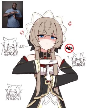 2girls anger_vein bare_shoulders blue_eyes blunt_bangs bread brown_hair chibi chirun0 closed_eyes closed_mouth columbina_(genshin_impact) commentary detached_sleeves dress emoji eye_mask food genshin_impact gloves hair_ornament head_wings headdress long_hair long_sleeves looking_at_viewer mask melon_bread meme multiple_girls musical_note reference_inset sandrone_(genshin_impact) shaq_timeout_(meme) short_hair_with_long_locks symbol-only_commentary white_background white_gloves wings x_hair_ornament