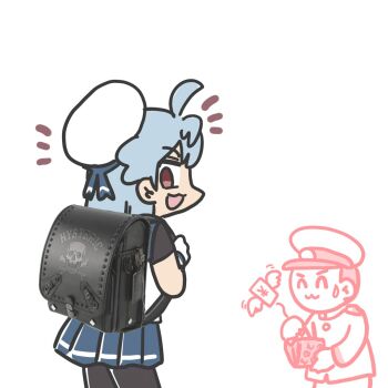 1boy 1girl :3 admiral_(kancolle) ahoge backpack bag black_pantyhose black_shirt black_skirt blue_hair commentary_request cowboy_shot ferret-san gloves hat highres kantai_collection long_hair military_uniform money naval_uniform pantyhose partially_colored pleated_skirt randoseru sado_(kancolle) sailor_hat shirt skirt smile solo_focus undershirt white_gloves white_hat