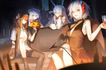 +_+ 6+girls :d absurdres animal_ears arknights bare_shoulders bear_ears bear_girl black_dress black_footwear black_gloves black_jacket black_shorts blue_eyes boots bottle breasts bucket candlestand couch crossed_legs crownslayer_(arknights) cup demon_girl demon_horns demon_tail dragon_girl dragon_tail dress drinking_glass ears_through_hood fingerless_gloves fireplace frostnova_(arknights) gloves grey_eyes hair_ornament hair_over_one_eye hairclip halloween halloween_bucket hat head_rest highres holding holding_bucket holding_cup holding_vial horns indoors jacket looking_at_viewer misha_(arknights) multiple_girls night nine_(arknights) object_through_head open_clothes open_jacket open_mouth orange_eyes orange_hair potion pumpkin rabbit_ears rabbit_girl screw_in_head shirt shorts sitting sleeveless sleeveless_dress sleeveless_jacket small_breasts smile stairs t-shirt tail talulah_(arknights) teeth upper_teeth_only vial w_(arknights) watanabe_kawa white_hair white_shirt window wine_glass witch_hat wolf_ears wolf_girl yellow_eyes