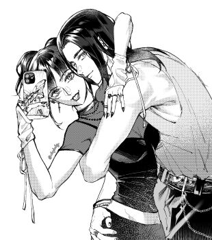 Rule 34 | 1boy, 1girl, abglmdg, absurdres, arm around neck, black nails, black pants, black shirt, breasts, couple, eren yeager, facial scar, fingernails, grey tank top, greyscale, hashtag-only commentary, hetero, highres, holding, holding phone, hug, long hair, medium breasts, midriff, mikasa ackerman, monochrome, nail polish, pants, parted bangs, phone, scar, scar on cheek, scar on face, screentones, sharp fingernails, shingeki no kyojin, shirt, smile, tank top, tongue, tongue out, twintails, twitter username, white background