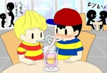 black_hair blonde_hair blush child couple date drinking embarrassed hat lucas_(mother_3) male mother_(series) mother_2 ness_(mother_2) nintendo red_hat shirt shota striped_clothes striped_shirt super_smash_bros.