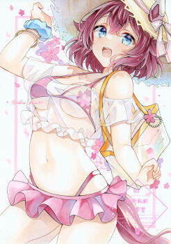 1girl absurdres alternate_costume animal_ears bag bikini blue_eyes blue_scrunchie blush breasts cleavage commentary_request ear_covers ears_through_headwear frilled_bikini frills hair_between_eyes hat highres horse_ears horse_girl horse_tail looking_at_viewer medium_breasts open_mouth pink_bikini pink_hair pink_tail sakura_chiyono_o_(umamusume) scrunchie see-through_clothes see-through_shirt shin_kun30 shirt short_hair shoulder_bag smile solo sun_hat swimsuit tail thighs transparent_bag umamusume wrist_scrunchie