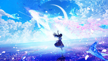 1girl absurdres arm_up black_hair black_skirt blue_sky blue_theme cloud cloudy_sky commentary_request crescent_moon falling_petals fish flower flying_fish flying_whale from_side highres horizon long_hair makoron117117 moon ocean original petals scenery school_of_fish shirt skirt sky solo standing wading water whale white_shirt wide_shot