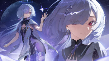 Rule 34 | 1girl, absurdres, closed mouth, colored eyelashes, commentary, dress, earrings, grey hair, hair ornament, hair over one eye, halo, highres, id card, jacket, jewelry, leppib, long hair, looking at object, looking at viewer, mornye (wuthering waves), multiple views, purple dress, red eyes, see-through body, shooting star, smile, tacet mark (wuthering waves), triangle earrings, white jacket, wuthering waves