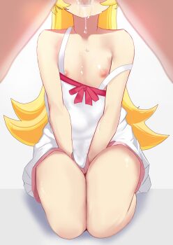 1boy 1girl blonde_hair censored dress face_cutout fellatio flat_chest hetero highres kneeling loli long_hair monogatari_(series) mosaic_censoring nipples oral oshino_shinobu rancidronin thighs white_dress