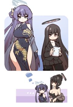 ... 2girls alternate_breast_size_(larger) alternate_breast_size_(smaller) alternate_costume black_gloves black_hair black_jacket black_pantyhose blue_archive breasts china_dress chinese_clothes closed_mouth coat double_bun dress gloves grey_coat grey_eyes grey_halo hair_bun hair_ornament halo height_difference highres holding holding_tablet_pc imagining jacket kisaki_(blue_archive) kisaki_(dress)_(blue_archive) large_breasts long_hair looking_at_another mabufuyo multiple_girls pantyhose purple_hair red_eyes rio_(blue_archive) rio_(dress)_(blue_archive) shirt sidelocks single_hair_bun single_side_bun sleeveless sleeveless_dress small_breasts spoken_ellipsis strapless strapless_dress tablet_pc white_shirt