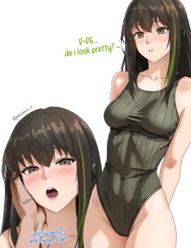 1boy 1girl arms_behind_back bare_arms bare_shoulders blush breasts brown_eyes brown_hair cameltoe collarbone covered_navel cowboy_shot dgkamikaze flirting girls'_frontline green_streaks groin hair_between_eyes hand_on_another's_cheek hand_on_another's_face headphones heart highleg highleg_leotard highres leotard long_hair looking_at_viewer m4a1_(girls'_frontline) medium_breasts multicolored_hair multiple_views nervous nose open_mouth parted_lips pov simple_background sleeveless solo_focus standing streaked_hair striped_clothes sweat teeth vertical-striped_clothes white_background