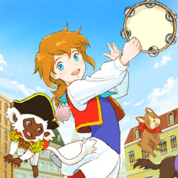 1girl animal aqua_neckerchief bandana bandana_around_neck bicorne black_hat blue_eyes blue_shirt blue_sky brown_eyes brown_hair building clothed_animal cloud commentary cropped_jacket dancing dog dolce_(ie_naki_ko_remi) hat holding holding_instrument horse ie_naki_ko_remi instrument jacket joli-coeur_(ie_naki_ko_remi) jumping lowres medium_hair monkey music neckerchief open_clothes open_jacket outdoors pants playing_instrument red_bandana red_jacket red_pants remi_barberin sakai_yume shirt skirt sky standing tambourine white_skirt white_sleeves window zerbino_(ie_naki_ko_remi)