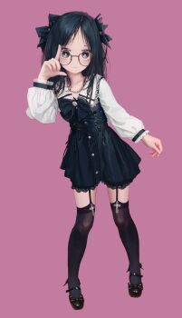 1girl absurdres black_hair bow bright_pupils dress flat_chest full_body garter_straps glasses grey_eyes hair_bow highres index_finger_raised jewelry long_hair looking_at_viewer mary_janes necklace original shoes smile solo thighhighs white_pupils wu_yu_bobosha zettai_ryouiki