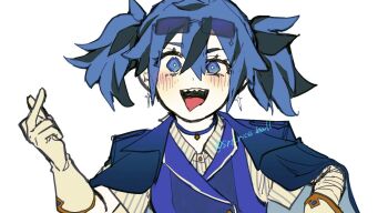 1other blue_choker blue_eyes blue_hair blue_jacket blush choker commentary_request double-parted_bangs eyewear_on_head gloves hair_between_eyes hand_up highres jacket looking_at_viewer middle_finger open_mouth original sharp_teeth short_hair short_twintails simple_background slit_pupils smile solo srt_rice_ball teeth tongue tongue_out twintails upper_body white_background yellow_gloves