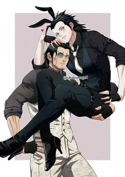 2boys absurdres alternate_color angeal_hewley animal_ears arm_around_waist beard black_gloves black_hair black_pants black_shirt black_shoes black_vest blue_eyes border collared_shirt commentary_request crisis_core:_final_fantasy_vii cross_scar earrings facial_hair facial_scar final_fantasy final_fantasy_vii final_fantasy_vii:_ever_crisis fingerless_gloves gloves grey_background grey_shirt hair_slicked_back hand_on_own_hip highres jewelry kemonomimi_mode long_hair male_focus medium_hair monocle multiple_boys necktie official_alternate_costume pants parted_bangs parted_lips rabbit_boy rabbit_ears rabbit_tail round_eyewear scar scar_on_cheek scar_on_face shakunage1 shirt shoes sideburns single_earring smile tail twitter_username unfinished vest waistcoat white_border white_necktie white_pants white_vest yaoi zack_fair zack_fair_(bunny_butler)