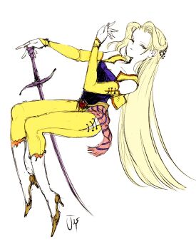 Rule 34 | 1girl, amano yoshitaka (style), artist name, bare shoulders, blonde hair, boots, breasts, celes chere, cleavage, closed mouth, commentary request, cropped vest, detached sleeves, final fantasy, final fantasy vi, floating, gold trim, hair ornament, high heel boots, high heels, highres, holding, holding sword, holding weapon, jas (jasjasjasart), long hair, medium breasts, panties, parted bangs, purple shirt, sash, shirt, solo, sword, underwear, vest, waist sash, weapon, white background, white boots, yellow panties, yellow sleeves, yellow vest