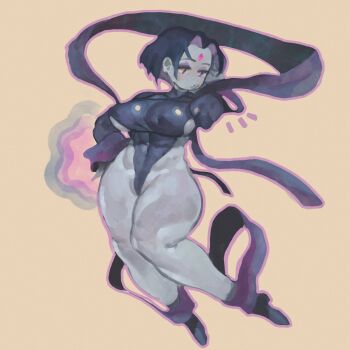 1girl abs adapted_costume breasts colored_skin covered_abs curtained_hair dc_comics eyeshadow facial_mark forehead_jewel forehead_mark full_body grey_skin hagoromo half-closed_eyes highleg highleg_leotard highres keziedra large_breasts leotard long_sleeves makeup outline parted_bangs purple_eyes purple_eyeshadow purple_hair purple_leotard purple_outline purple_shawl raven_(dc) shawl short_hair sideboob solo teen_titans thong_leotard