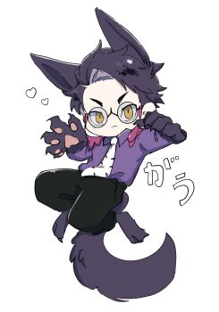 1boy :&lt; absurdres animal_ears animal_feet animal_hands black_pants claws collared_shirt commentary_request corbeau_(pokemon) glasses highres kemonomimi_mode looking_at_viewer male_focus nintendo pants pokemon pokemon_legends:_z-a pokesakana11 purple_shirt round_eyewear shirt shirt_tucked_in simple_background solo tail white_background yellow_eyes