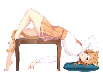 1girl absurdres alternate_costume animal_ears barefoot blush braid breasts cat_ears cat_girl choker collar collared_shirt commission commissioner_upload facepaint facial_mark fang fire_emblem fire_emblem:_path_of_radiance fire_emblem:_radiant_dawn highres large_variant_set looking_at_viewer lying lyre_(fire_emblem) medium_breasts messy_hair nabunabu necktie nintendo open_mouth orange_hair orange_skirt orange_tail pillow pink_choker pink_collar purple_eyes school_uniform shirt shirt_tucked_in skirt solo thick_thighs thighs variant_set whisker_markings white_background white_shirt white_trim white_wrist_cuffs wrist_cuffs