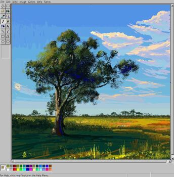 art_program_in_frame bush christian_young cloud cloudy_sky day grass horizon landscape microsoft_paint_(medium) microsoft_paint_(software) microsoft_windows no_humans original outdoors painterly savannah scenery sky tree windows_98 windows_classic