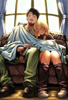 1boy 1girl absurdres black_hair black_sweater blanket blonde_hair book boroboro_no_elf-san_wo_shiawase_ni_suru_kusuri_uri-san braid closed_eyes couch curtains drooling elf facial_hair gibagiba green_pants highres holding holding_book indoors kusuriuri-san leaning_on_person long_hair loose_socks on_couch open_mouth pants pointy_ears reszurre ribbed_sweater saliva scar scar_on_face shared_blanket shirt shoes short_hair sleeping socks sweater white_shirt window wooden_floor