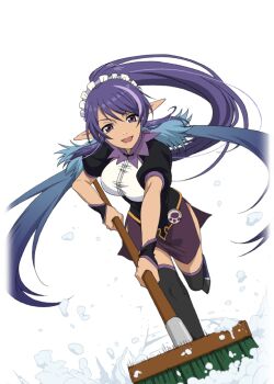 Rule 34 | 1girl, artist request, blue hair, breasts, broom, full body, game cg, holding, holding broom, judith (tales), large breasts, long hair, looking at viewer, maid, maid headdress, multicolored hair, official alternate costume, official art, open mouth, pointy ears, purple eyes, purple hair, smile, solo, tales of (series), tales of asteria, tales of vesperia, third-party source, transparent background, two-tone hair, very long hair