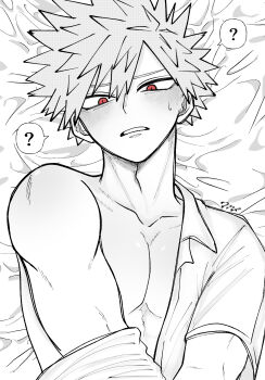 1boy ? bakugou_katsuki boku_no_hero_academia changing_clothes collarbone highres m895m male_focus monochrome red_eyes shirt short_hair solo spiked_hair sweatdrop tagme