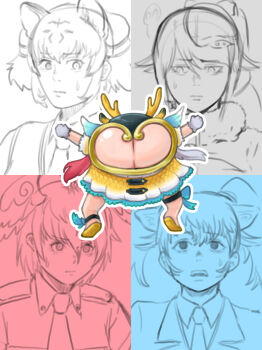 5girls anatomical_nonsense antlers blank_eyes body_horror byakko_(kemono_friends) chibi clothing_cutout commentary genbu_(kemono_friends) giraffe_girl giraffe_horns gloom_(expression) greyscale horns kemono_friends kemono_friends_3 kirin_(kemono_friends) looking_at_another monochrome multicolored_hair multiple_girls murakami_kou_(raye) seiryuu_(kemono_friends) suzaku_(kemono_friends) sweatdrop what white_hair