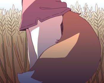 1girl check_clothing clothing_request commentary english_commentary highres holo lower_body no_panties orenjipiiru outdoors skort solo spice_and_wolf tail thigh_focus wheat wheat_field wolf_girl wolf_tail