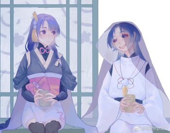 1boy 1girl alternate_costume alternate_hairstyle black_thighhighs blue_eyes blue_hair blunt_bangs blush bow bridal_gauntlets chinese_commentary closed_mouth cup eyeliner feather_necklace genshin_impact gradient_hair hair_ornament head_tilt holding holding_cup japanese_clothes jewelry kimono long_hair long_sleeves looking_at_another looking_to_the_side makeup mother_and_son multicolored_hair neck_ribbon necklace official_alternate_costume on_bench pants parted_bangs purple_eyes purple_hair purple_kimono purple_veil raiden_shogun red_eyeliner red_ribbon red_sash ribbon sash scaramouche_(genshin_impact) scaramouche_(kabukimono)_(genshin_impact) see-through_clothes see-through_veil sitting sleeves_rolled_up streaked_hair teeth thighhighs upper_body upper_teeth_only veil watermark weibo_username weibo_watermark white_background white_pants wide_sleeves yeyu670712