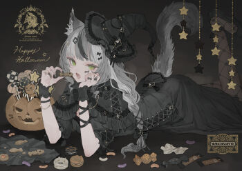 1girl animal_ear_fluff animal_ears black_background black_dress black_hat black_pantyhose black_shoes black_wrist_cuffs braid candy chocolate chocolate_bar commentary_request dress food full_body green_eyes grey_hair happy_halloween hat hat_over_one_ear holding holding_food jack-o&#039;-lantern lollipop long_hair lying macaron multicolored_hair on_stomach open_mouth original pantyhose senano-yu shoes simple_background solo streaked_hair tail the_pose watermark witch_hat wrist_cuffs