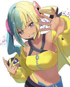 1girl aqua_nails blonde_hair blue_eyes blush breasts canari_(pokemon) commentary dark_skin green_hair hair_between_eyes hair_ornament highres holding holding_poke_ball jacket long_hair long_sleeves looking_at_viewer mask medium_breasts mouth_mask multicolored_hair navel nintendo parted_lips poke_ball pokemon pokemon_legends:_z-a quick_ball ringosan2329 shirt smile solo stomach strapless strapless_shirt twintails yellow_jacket yellow_nails
