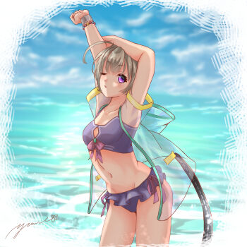 1girl bracelet commentary_request grey_hair heaven_burns_red highres jewelry looking_at_viewer minase_sumomo one_eye_closed purple_hair see-through_clothes stretching swimsuit yumeclo