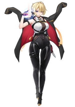 1girl absurdres arm_strap black_pants blonde_hair blouse chest_harness collared_shirt cosplay elbow_gloves evelyn_chevalier evelyn_chevalier_(cosplay) gloves hair_over_one_eye hair_up half_gloves harness high-waist_pants highres holding kiryhood latex_pants long_ribbon long_sleeves necktie pants ring_hair_ornament shirt single_elbow_glove single_half_glove sleeveless thigh_beads tight_clothes tight_pants uneven_bangs white_shirt yellow_necktie zenless_zone_zero